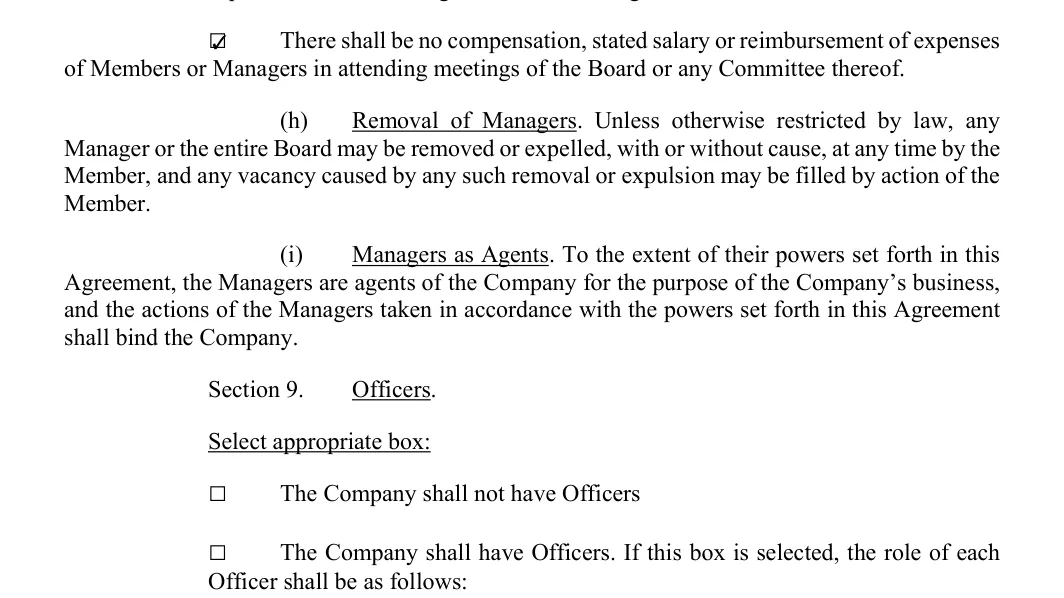 Single-Member LLC Operating Agreement: Select appropriate box, filled with sample entries