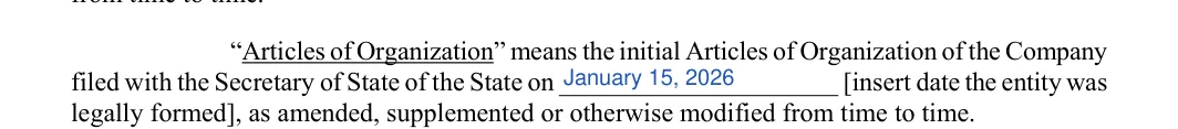 Single-Member LLC Operating Agreement: Date the entity was legally formed, filled with sample entries
