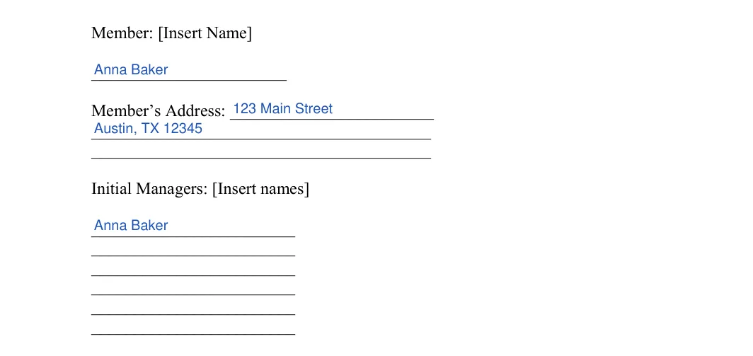 Single-Member LLC Operating Agreement: Member's name, Members address and more, filled with sample entries