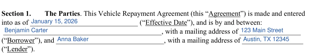 Car Sale Contract with Payments: Section 1, filled with sample entries