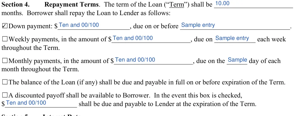 Car Sale Contract with Payments: months. Borrower shall repay the Loan to Lender as follows, filled with sample entries