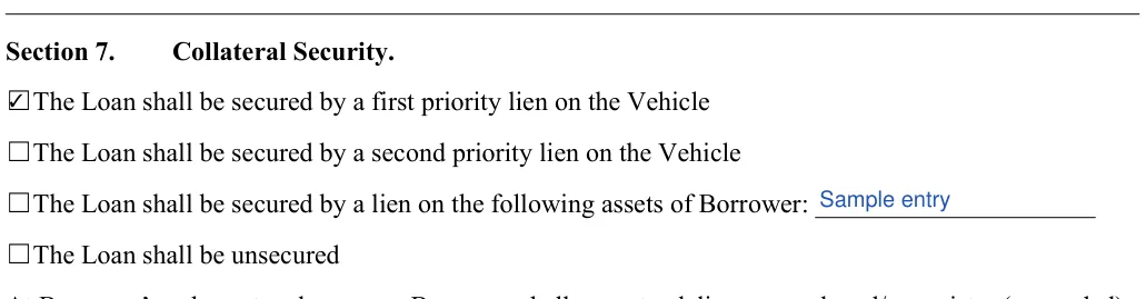 Car Sale Contract with Payments: Section 7, filled with sample entries