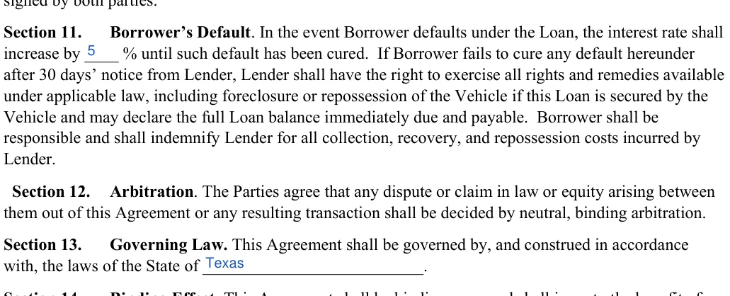 Car Sale Contract with Payments: Section 11, filled with sample entries