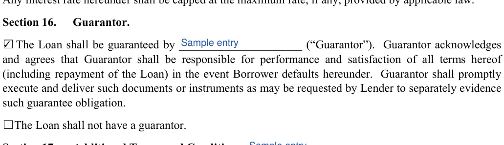 Car Sale Contract with Payments: Section 16, filled with sample entries
