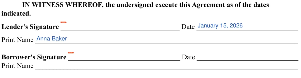 Car Sale Contract with Payments: Lenders signature, Date and more, filled with sample entries