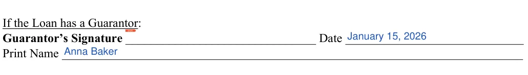 Car Sale Contract with Payments: If the Loan has a Guarantor, filled with sample entries