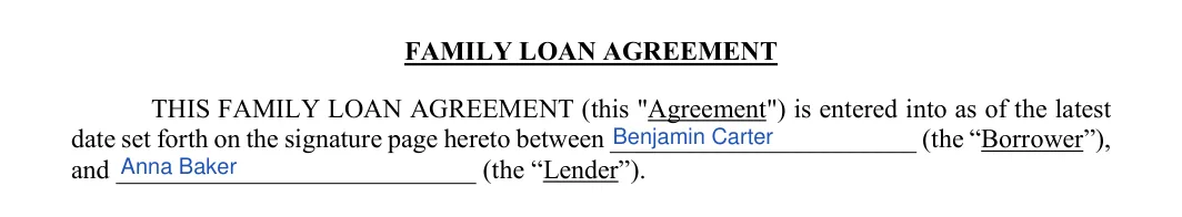 Family (Friends) Personal Loan Agreement: FAMILY LOAN AGREEMENT, filled with sample entries