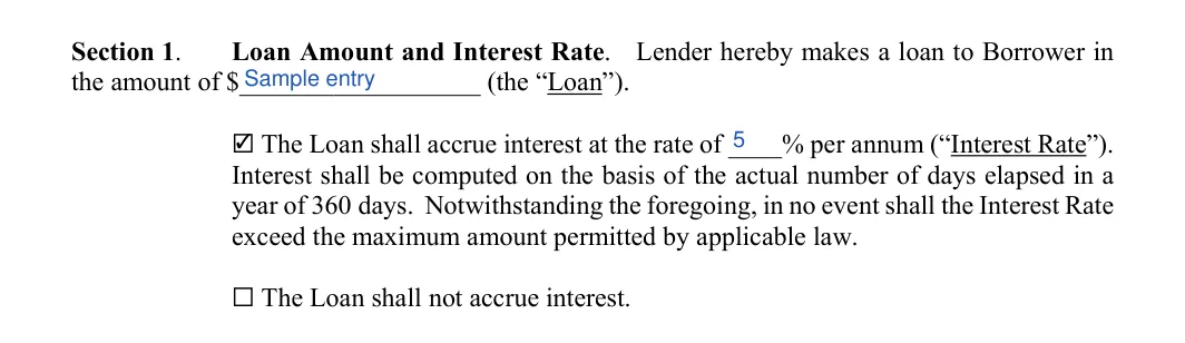 Family (Friends) Personal Loan Agreement: Section 1, filled with sample entries