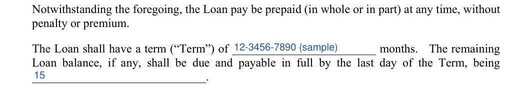 Family (Friends) Personal Loan Agreement: Number of months, Last day, filled with sample entries