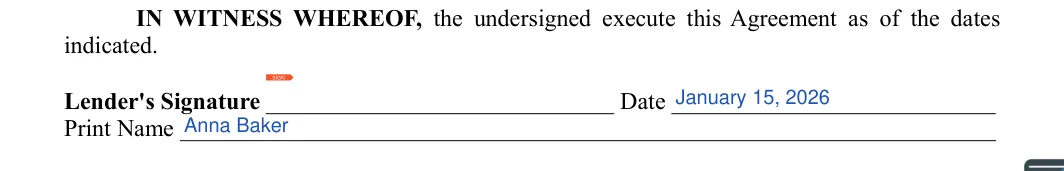 Family (Friends) Personal Loan Agreement: Lenders signature, Date and more, filled with sample entries