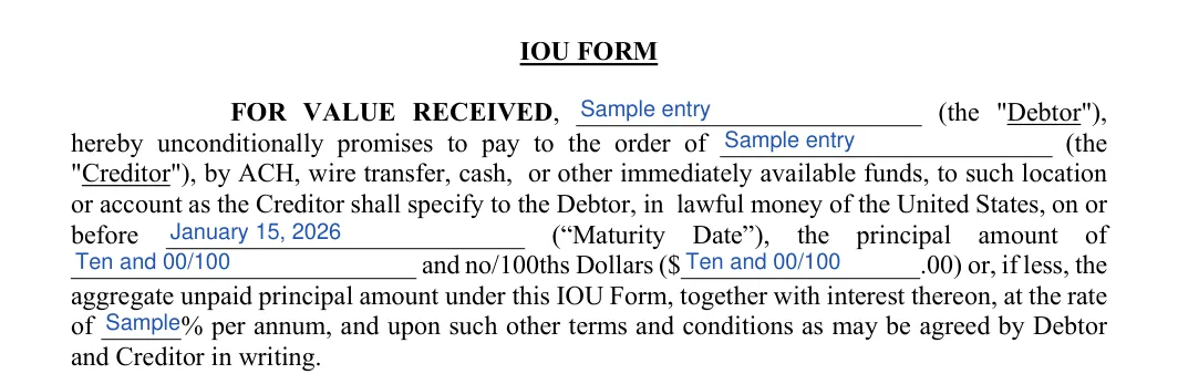 IOU (I Owe You): IOU FORM, filled with sample entries