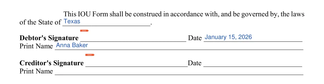 IOU (I Owe You): State of, Debtors signature and more, filled with sample entries