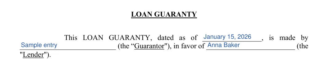 Personal Guarantee: LOAN GUARANTY, filled with sample entries