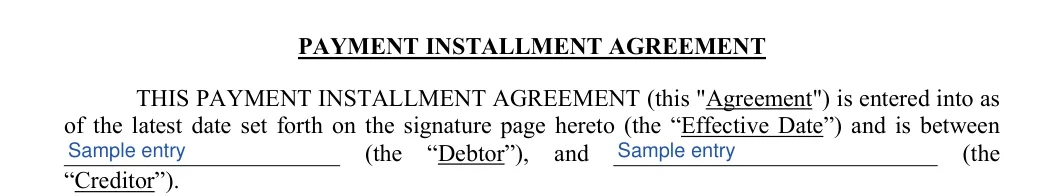 Payment (Installment) Agreement: PAYMENT INSTALLMENT AGREEMENT, filled with sample entries