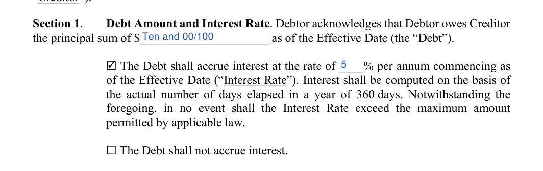 Payment (Installment) Agreement: Section 1, filled with sample entries