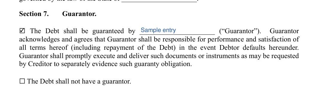 Payment (Installment) Agreement: Section 7, filled with sample entries