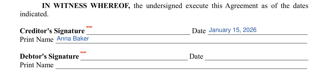 Payment (Installment) Agreement: Creditors signature, Date and more, filled with sample entries