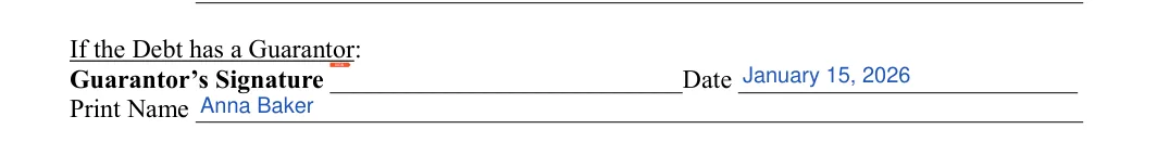 Payment (Installment) Agreement: If the Debt has a Guarantor, filled with sample entries