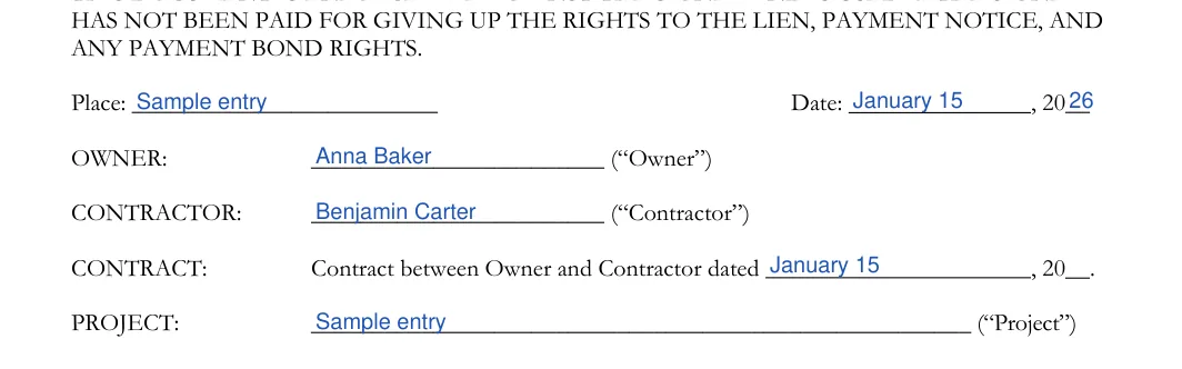 Conditional Contractor’s Lien Release: ANY PAYMENT BOND RIGHTS, filled with sample entries