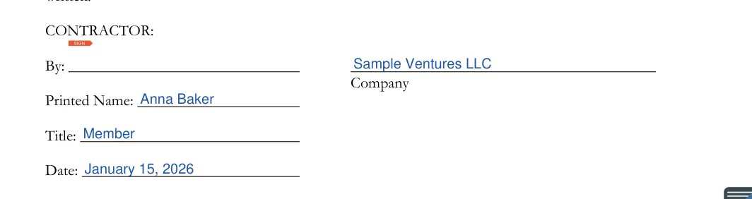 Conditional Contractor’s Lien Release: CONTRACTOR, filled with sample entries
