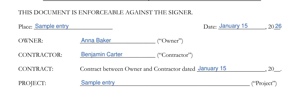 Partial Release of Lien: THIS DOCUMENT IS ENFORCEABLE AGAINST THE SIGNER, filled with sample entries