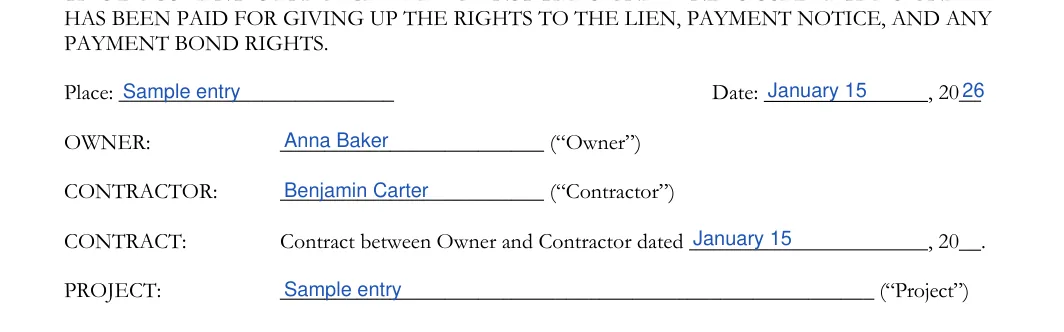 Unconditional Mechanic’s Lien Release: PAYMENT BOND RIGHTS, filled with sample entries