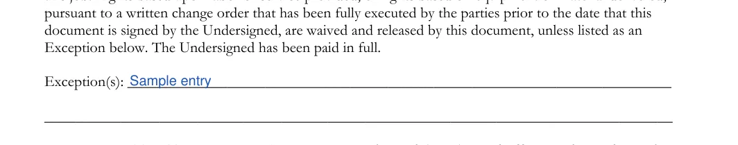 Unconditional Mechanic’s Lien Release: Exceptions, filled with sample entries