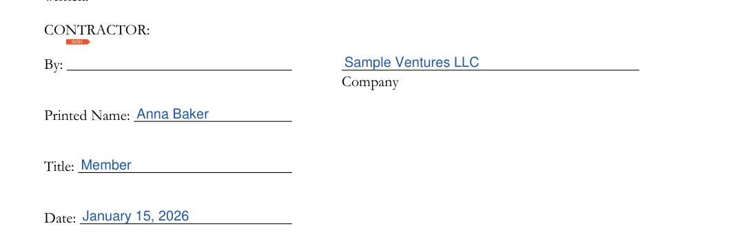 Unconditional Mechanic’s Lien Release: CONTRACTOR, filled with sample entries