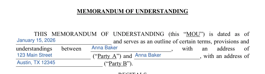 Memorandum of Understanding: MEMORANDUM OF UNDERSTANDING, filled with sample entries