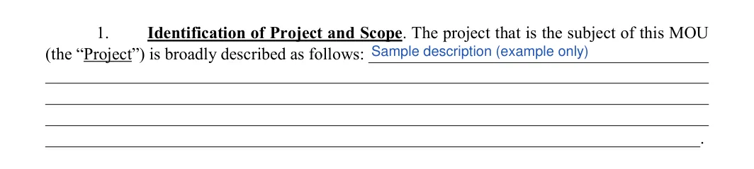 Memorandum of Understanding: Project description, Including following and more, filled with sample entries