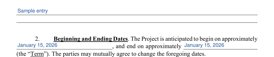 Memorandum of Understanding: Goals of the project, Beginning date and more, filled with sample entries