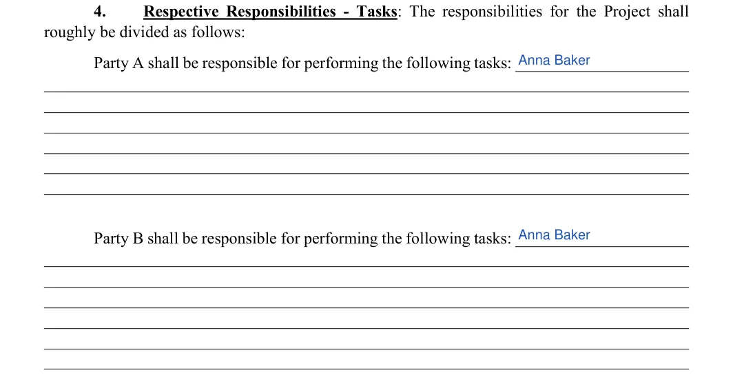 Memorandum of Understanding: roughly be divided as follows, filled with sample entries