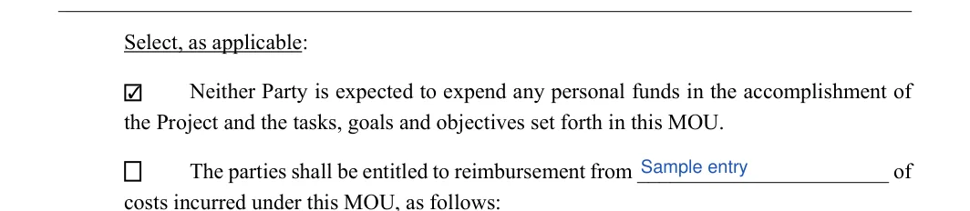 Memorandum of Understanding: Select, as applicable, filled with sample entries