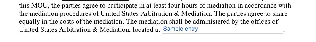 Memorandum of Understanding: Located at, filled with sample entries