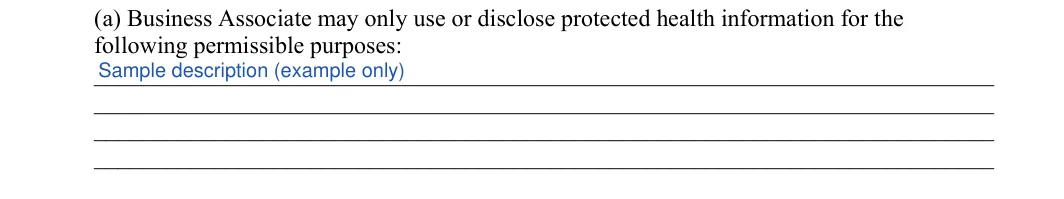 Business Associate Agreement HIPAA: following permissible purposes, filled with sample entries