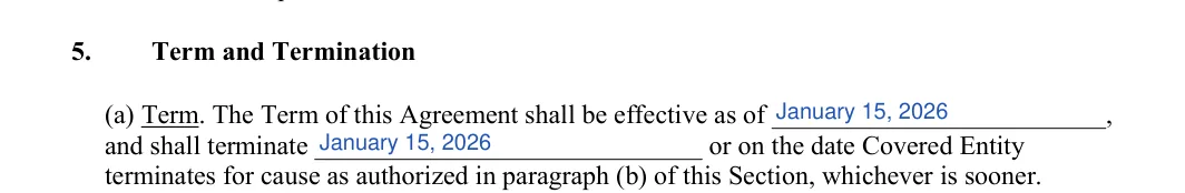 Business Associate Agreement HIPAA: Effective date, Termination date, filled with sample entries