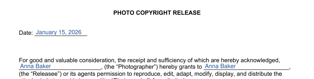 Photography Copyright Release: PHOTO COPYRIGHT RELEASE, filled with sample entries