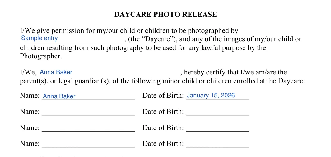 Daycare Photo Release: DAYCARE PHOTO RELEASE, filled with sample entries