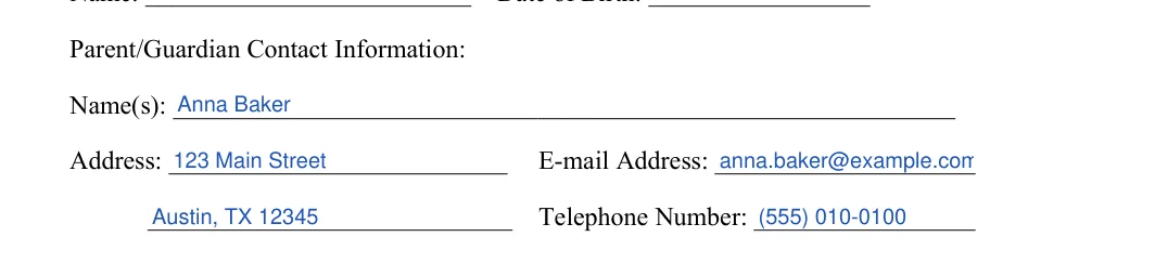 Daycare Photo Release: Parent/Guardian Contact Information, filled with sample entries