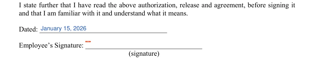 Employee Photo Release: Dated, Employees signature, filled with sample entries