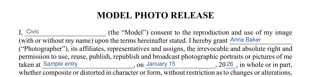 Model Release: MODEL PHOTO RELEASE, filled with sample entries