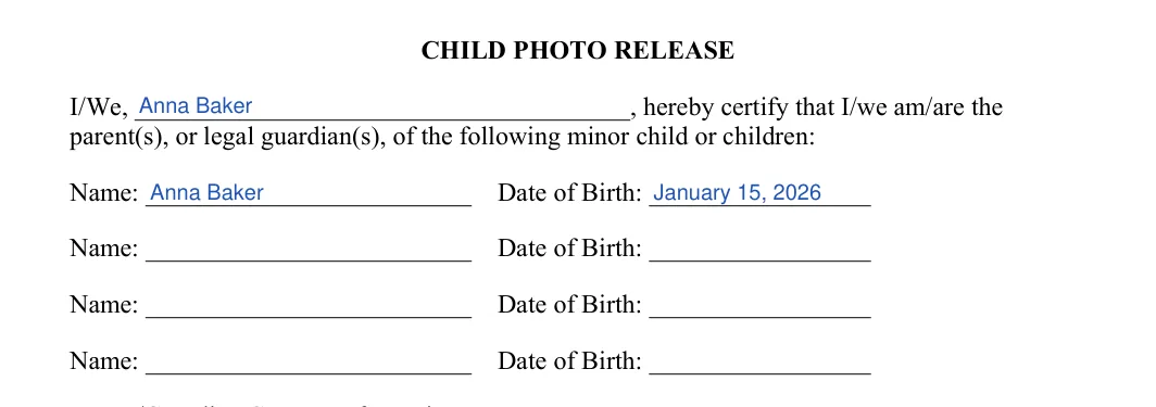 Minor Photo Release: CHILD PHOTO RELEASE, filled with sample entries