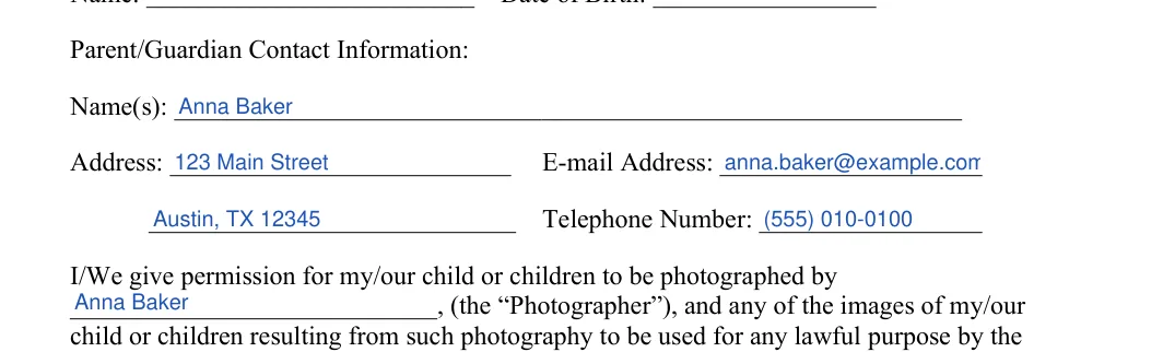 Minor Photo Release: Parent/Guardian Contact Information, filled with sample entries