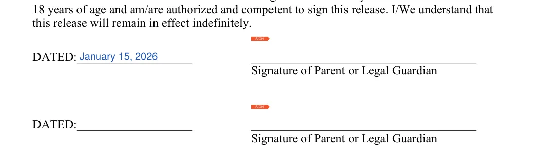 Minor Photo Release: Dated, Signature of parent or legal guardian, filled with sample entries
