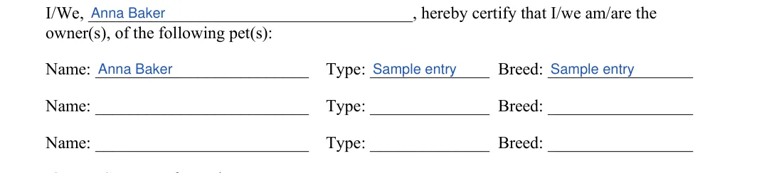 Pet Photo Release: owner(s), of the following pet(s), filled with sample entries