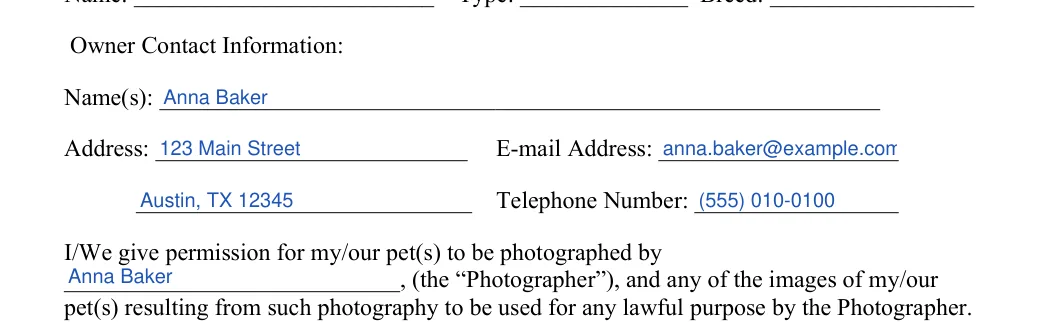 Pet Photo Release: Owner Contact Information, filled with sample entries
