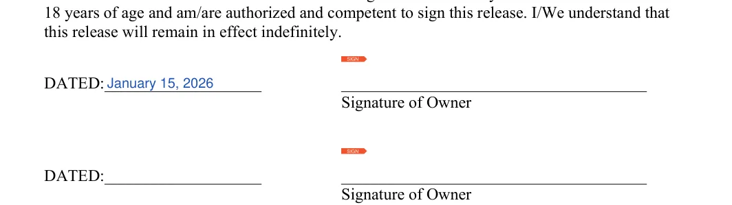 Pet Photo Release: Dated, Signature of owner, filled with sample entries