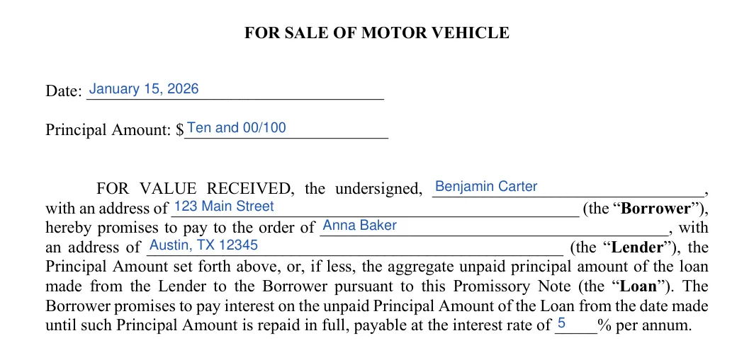 Vehicle Promissory Note: FOR SALE OF MOTOR VEHICLE, filled with sample entries