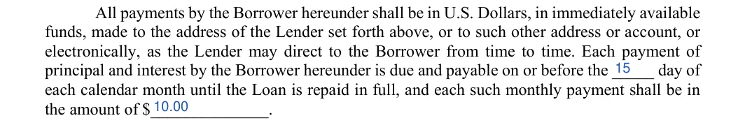 Vehicle Promissory Note: Day, Amount, filled with sample entries