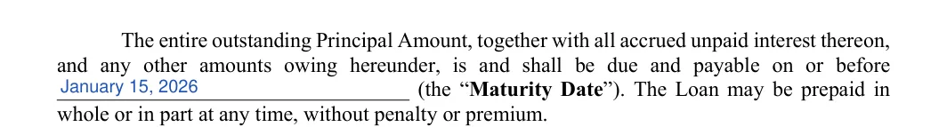 Vehicle Promissory Note: Maturity date, filled with sample entries